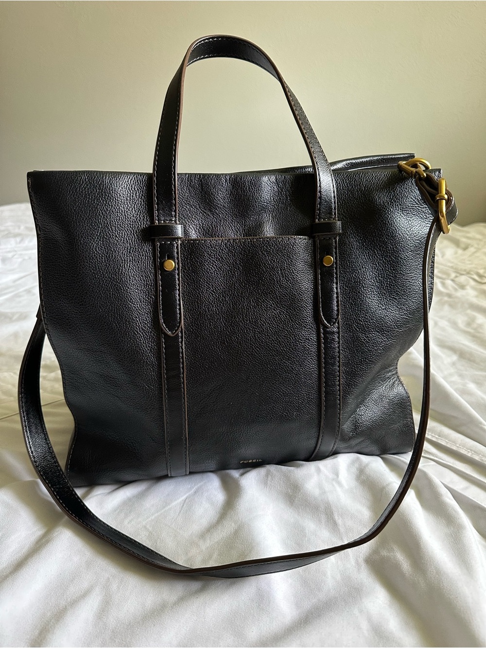 Fossil Black Leather Tote with Gold Hardware Work Tote EUC
